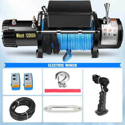 12V 12000LBS Electric Winch Synthetic Cable Truck Trailer Towing Off Road 4WD