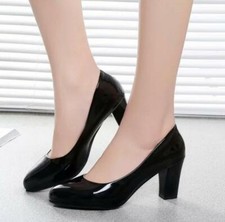 Ladies Block Heel Patent Leather Pointed Toe Pumps Slip On Court Shoes Work Size