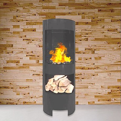 Gelkamin Schwarz mit Holzfach Säule Ethanolkamin Gel-Kamin Wandkamin