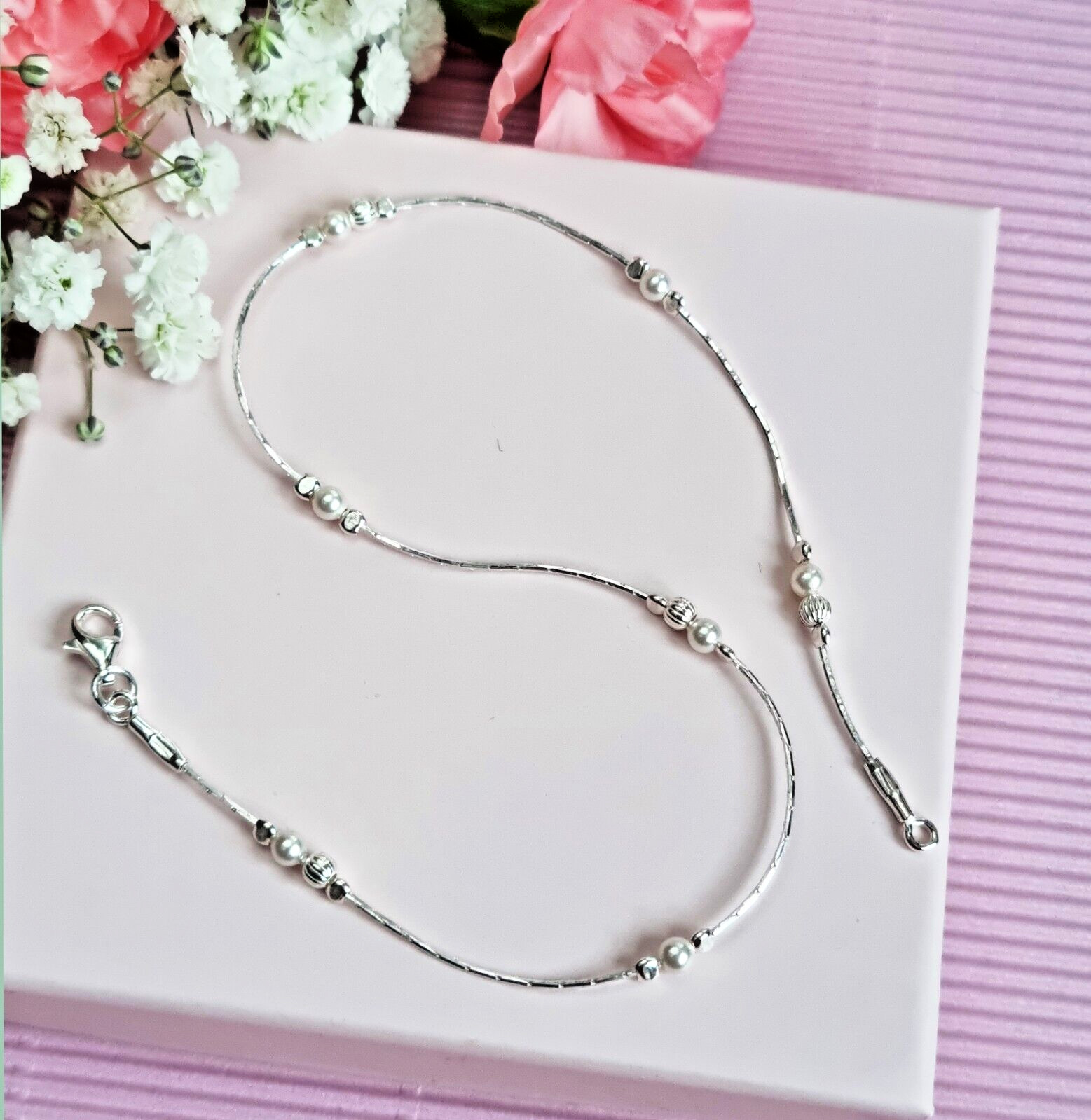 PEARL ANKLET 925 Sterling Silver Chain Ankle Bracelet Wedding Bridesmaid gift