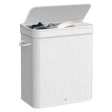 72L White Laundry Hamper with Lid Bamboo Basket with Handle & Removable Liner
