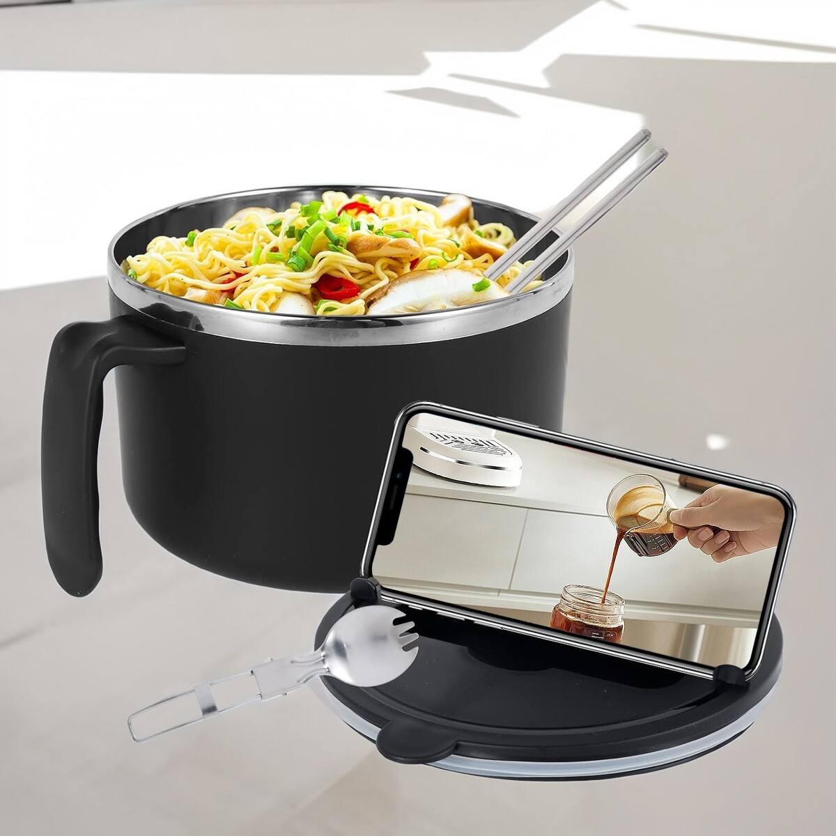 1200ml Rapid Ramen Bowl Instant Noodle Stockpot with Spoon Lid Drainable  Durable