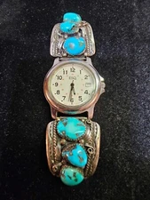 ESQ swiss esquire quartz Silvertone w turquoise native american Style-works-READ