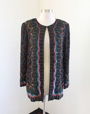 Vtg Black Rainbow Silk Beaded Sequin Evening Party Jacket Size S Formal
