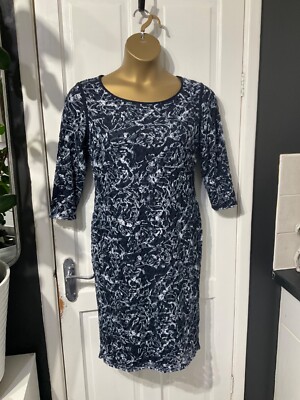 PER UNA size 14 navy white lace look stretch dress straight pencil