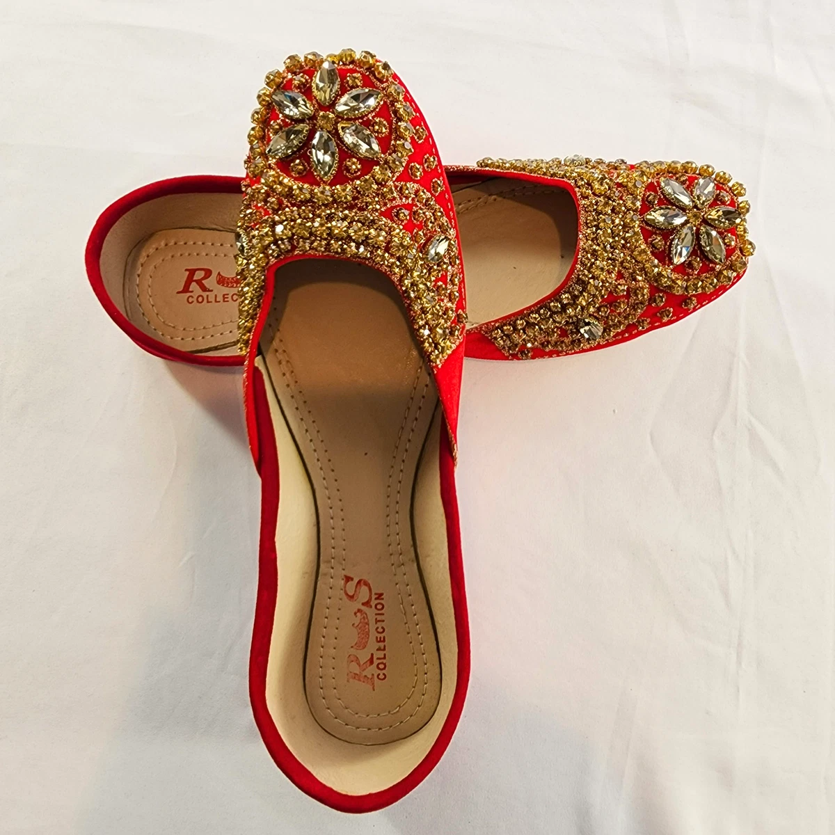 Womens Stone Embroidered Red Khussa Punjabi Jutti US Sizes 7 9