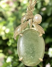 Antique 10K Gold l Jade Pendant Edwardian l Victorian Seed Pearl Jewelry Leaf