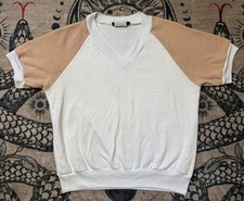 True Vintage 70s 80s Short Sleeve V-Neck Sweatshirt Sz M Ivory Tan Raglan Basic
