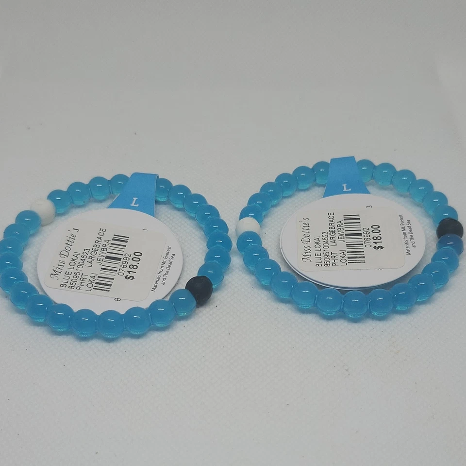 Lokai Blue White Black Rubber Bead Stretch Bracelet Lot of 2 Size L - Image 4 of 4