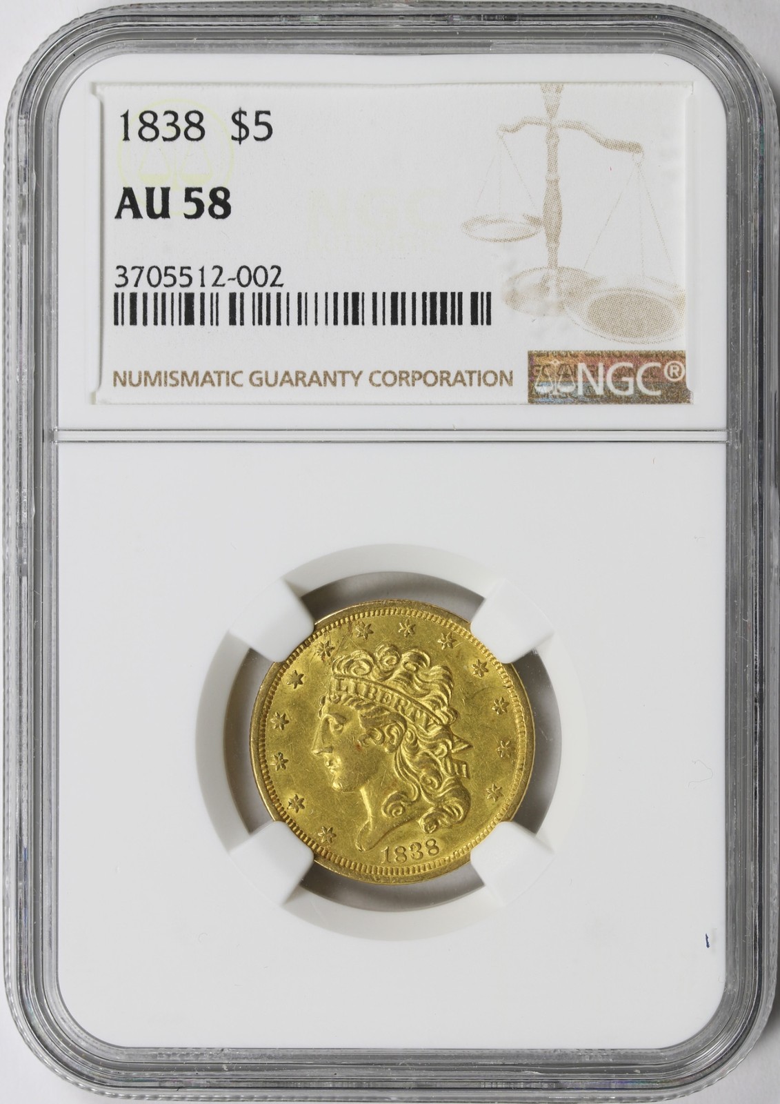 1838 $5 Classic Head Gold Half Eagle NGC AU58