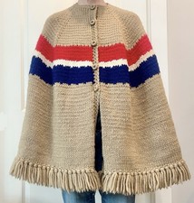Vintage Handmade Chunky Knit Poncho Cape Blanket Sweater Boho Hippie Fringe