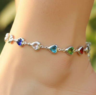 Elegant Heart Charm Anklet with Multicolor Stones | Silver Tone Fashion Jewelry