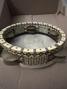 Arabic Middle Eastern Tambourine Brass Cymbal Bell Wood Inlays