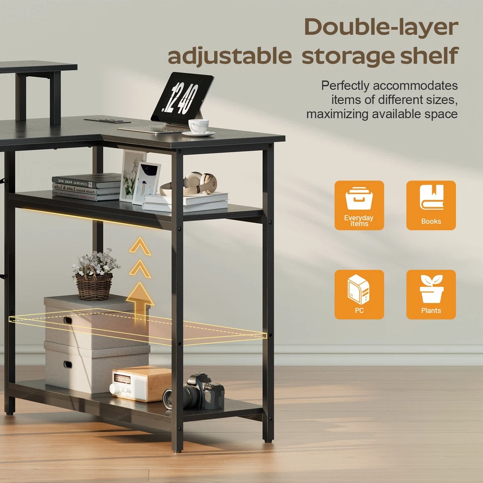 L Shaped Computer Desk with LED Light & Power Outlets, Corner Desk with Side Bag - Image 4 of 4