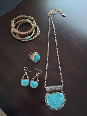 Barse Brass Turquoise Necklace Pendant, Ring, Bracelet, Earrings Set
