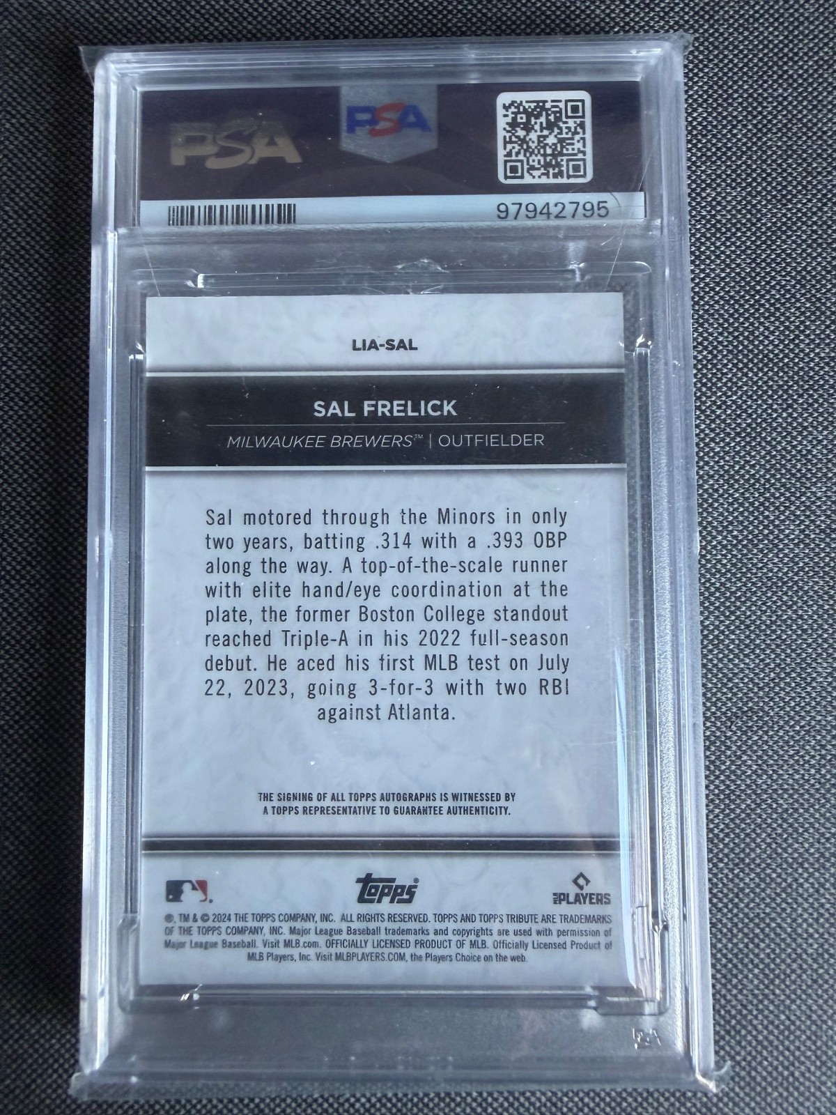 Sal Frelick 2024 Topps Tribute #LIASL Inauguration Orange RC Auto /25 PSA 8 view 3