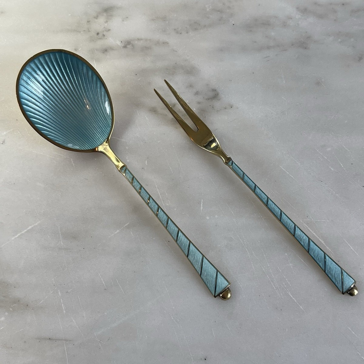 Egon Lauridsen Sterling Gold Blue Guilloche Enamel Condiment Spoon