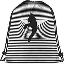 Black Cat Drawstring Bags Backpack Bag Animal Silhouette Black And White Stri...