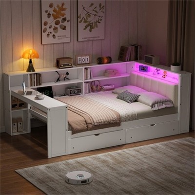 Full Size Daybed w/Upholstered Headboard,Desk,Shelves,2 Drawers,LED Light,White