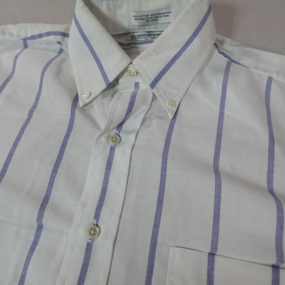 Camisa vintage Sears Roebuck para hombre 15 32/33 blanca a rayas botón medio discoteca años 70 Foto 3 de 4