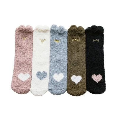 5 Pairs Coral Velvet Fuzzy Slipper Socks Cute for Cat Embroidery Heart Paw Hosie - Image 1 of 4