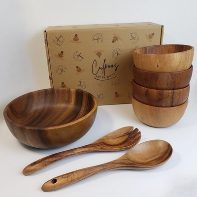 Acacia Wood Small Salad Bowl Gift Set 7-Piece w/ Kitchen Serving Utensils NEW