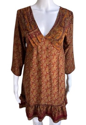 Arabesque 100% Silk Paisley Boho Mini Dress Womens M V Neck Festival Flowy
