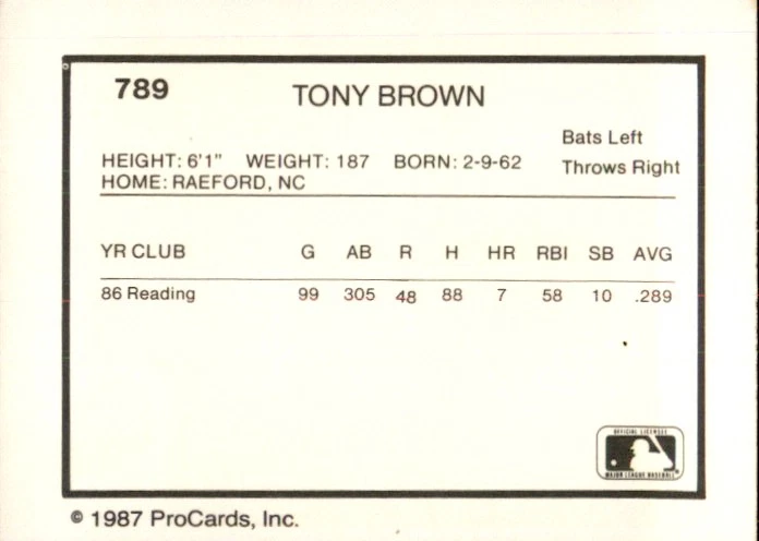 1987 Reading Phillies ProCards #789 Tony Brown Raeford North Carolina NC NM Card - Image 2 of 2