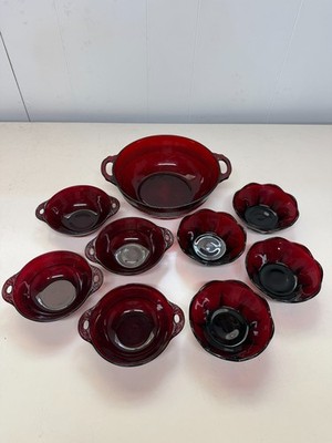 Vintage 1940s 9 Piece Anchor Hocking Royal Ruby Coronation Glass Berry Bowl Set