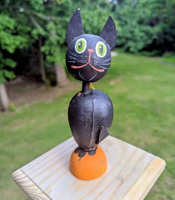 Vtg German/Japan Halloween Black Cat Nodder  Papier Mache Candy Container 