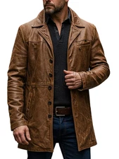 Mens Vintage Brown Distressed Leather Coat Classic Button Closure Trench Coat