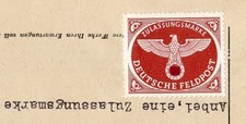 Deutsche Feldpost (WKII) Zulassungsmarke (braun), als Rückgabe aufgeklebt