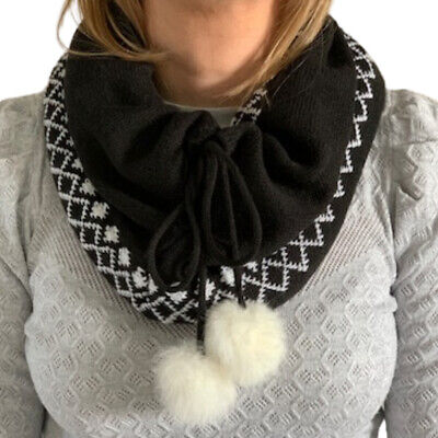 Ladies Knitted Hooded Winter Scarf Snood Neck Warmer Alpine Fairisle Knit Black