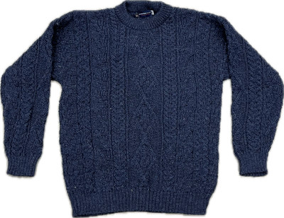 Herren/Damen 100% Aran Wolle Dunkelblau/Marine Zopfmuster Rundhals Pullover - Größe L