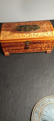 Vintage 1940's Carved Stash/Jewelry Box W Forest Scene & Mirror Lake Farm Cabin 