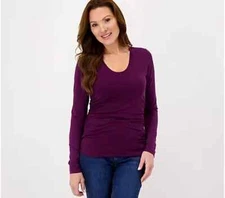 Encore by Idina Menzel Side Rouched U-Neck Tee with Long Sleeve-Plum-XXS A518969