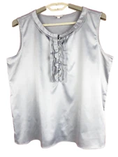 TALBOTS Women Glossy 97% Polyester Tank Top Ruffle Trim Deep Taupe Gray M