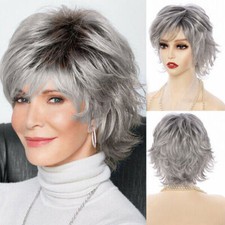 Women Short Ombre Grey Wigs Pixie Cut Wig Haircut Wave Layered Hair Dark Roots