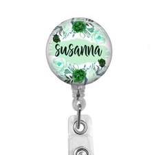Personalized Badge Reel ID Holder With Green and White Floral Theme, 580E