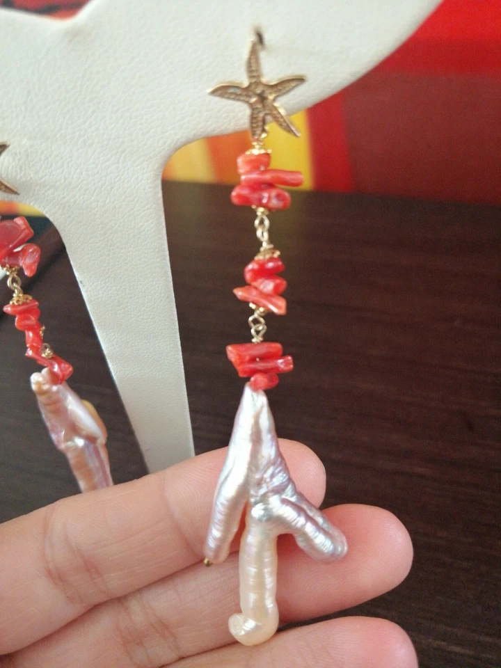 Orecchini Pendenti Donna Perle Argento 925 pietre naturali Corallo rosso - Immagine 3 di 4