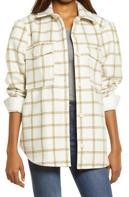 New Women's Treasure & Bond Plaid Puff Sleeve Shirt Jacket Size Medium $130 G361