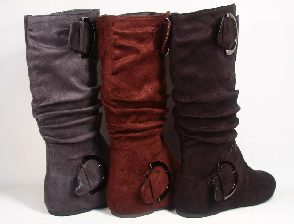 Women's Flat Zipper Buckle Slouchy Mid-Calf Knee High Boot Shoes Size 5 - 11 NEW - Image 2 of 4
