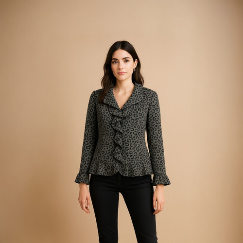 Sandro Studio Cardigan Womens Size Medium Gray Leopard Print Ruffle Sweater Work