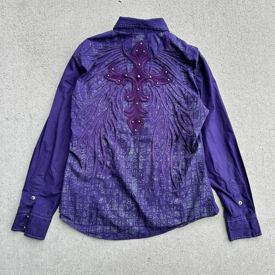 Y2K House Of Lords Grunge Emo 长袖纽扣衬衫交叉尺寸 S 紫色 — 第 3/4 张图片