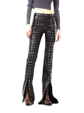 Women's Black Lace Up Leather Pants High Waist Skinny Real Leather Trouser
