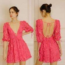 STORIA Sz S Floral Eyelet Mini Dress Hot Pink Coral V Neck Lightweight Open Back