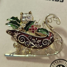 Pet Friends Gold Tone  Red And Green Enamel Cat In Sleigh Brooch