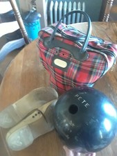 Vintage BRUNSWICK Black Beauty Bowling Ball with Shoes and Plaid Case