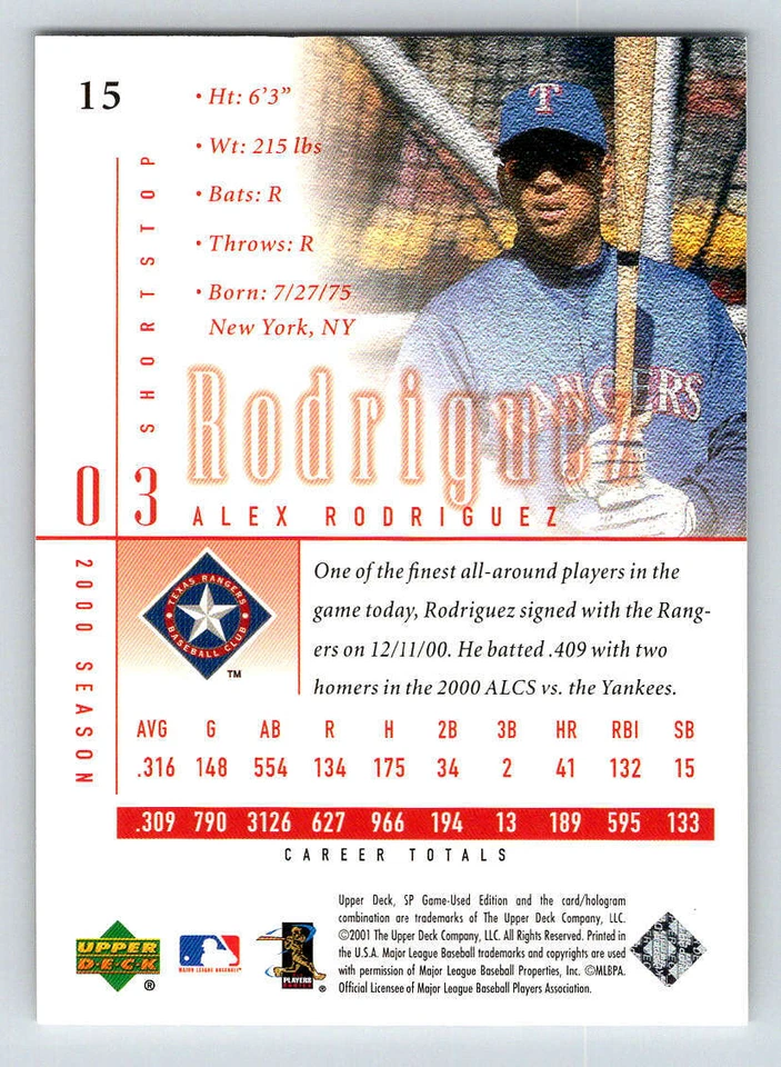 2001 SP Game Used Edition #15 Alex Rodriguez - Image 2 of 2