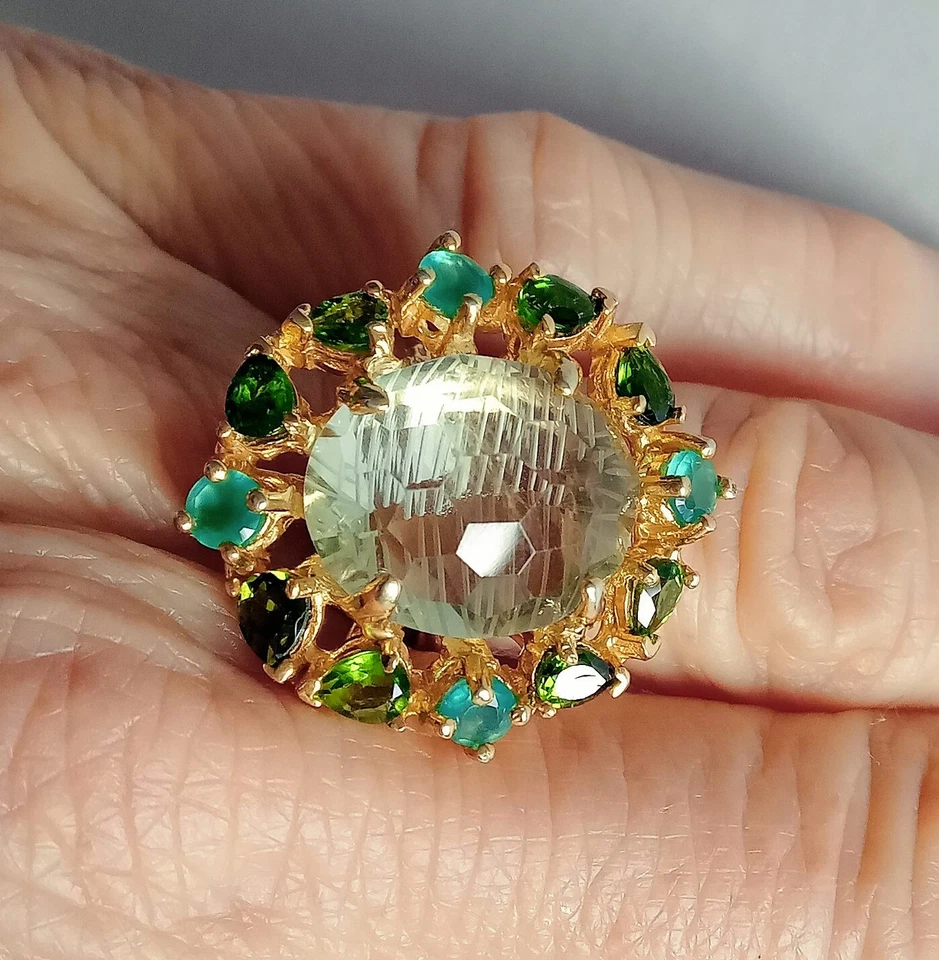 ANELLO ARG. STERLING 925 DORATO CON PRASIOLITE, ONICE E DIOPSIDI NATURALI - Immagine 3 di 4